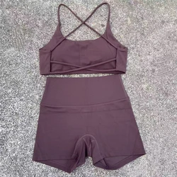 Women's Yoga Sports Set - Cross Straps Bra & High Waist Shorts Workout Outfit - S (Distilled coffee)