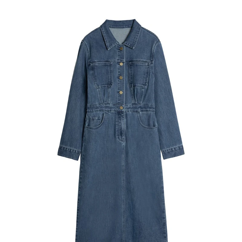 

Women's Denim Blue Long Sleeve Dress Mid-length OL Simple