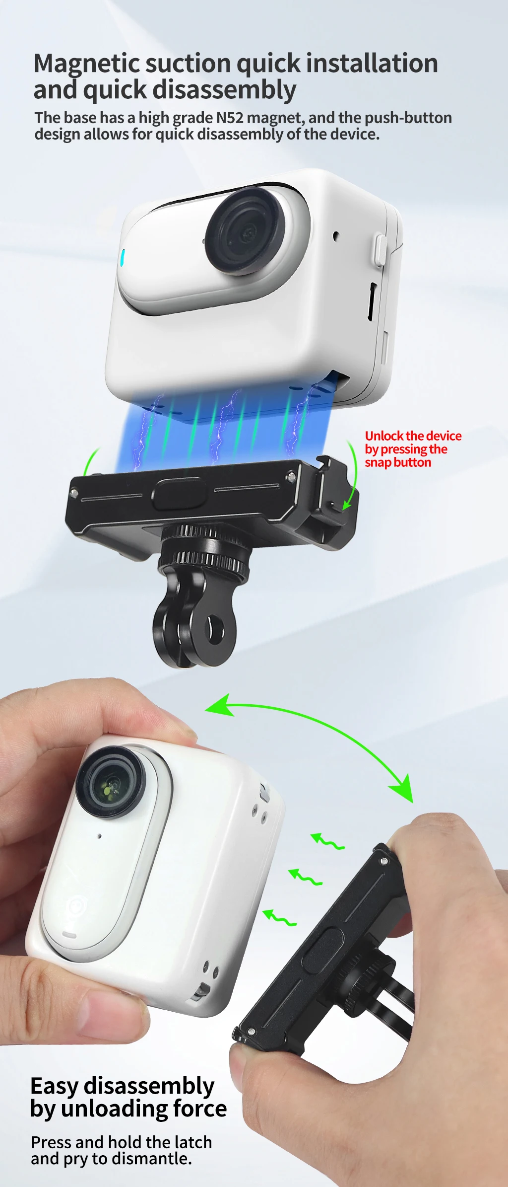 Magnetische Halterung, Schnellverschluss-Stativadapter mit USB-Aufladung für Insta360 GO 3 3S Daumenkamera-Halterung, Magnetfuß – Detail 5