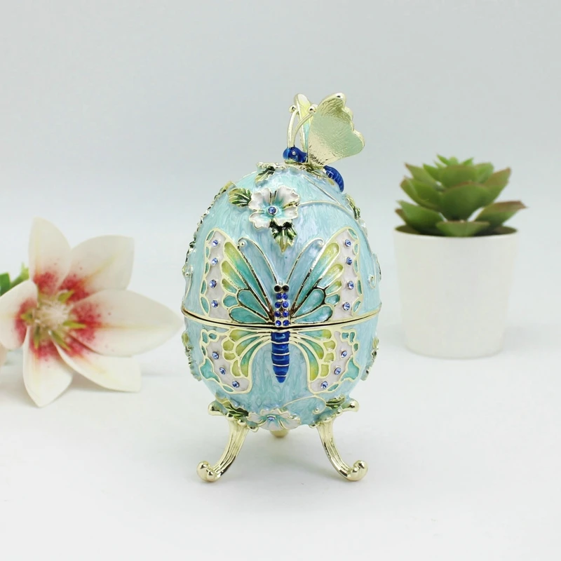 SHINNYGIFTS Schmetterlings-Osterei-Schmuckkästchen im Faberge-Ei-Stil mit Scharnier, Schmuckschatulle aus Metall für Heimdekoration, Ostergeschenke – Detail 28