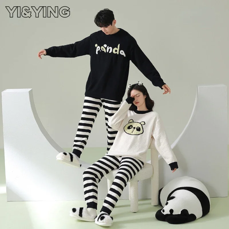 

[YI&YING] Soft and Soft Autumn and Winter Couple Pajamas for Men, Women, Panda Students, Thickened Homewear Set WAZC167
