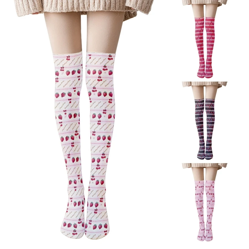Japanese Women Thigh High Stockings Harajuku Sweet Strawberry Lace Striped Print Slimming Over Knee Socks