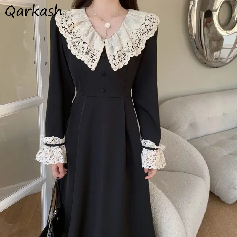 

Dresses Women Lace Peter Pan Collar Vintage French Style Gentle Breathable Streetwear Spring Fashion Vestidos Mujer New Arrival