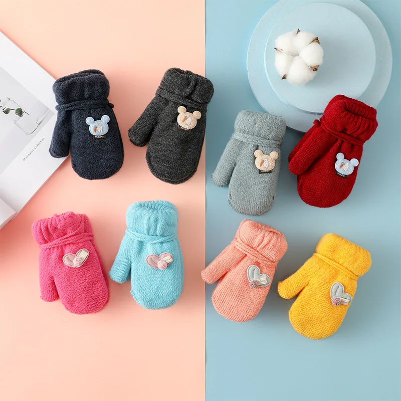

Cartoon Baby Gloves Warm Knitted Full Finger Gloves Plush Thick Warm Toddler Mittens Children'S Hanging Neck Gloves Gant Bebe