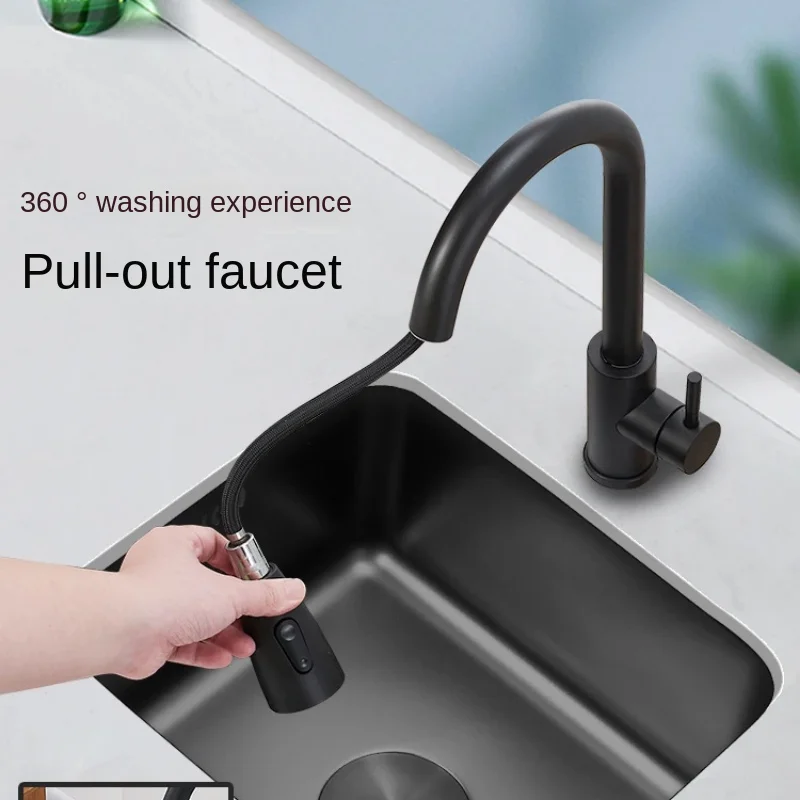 Black Nano Kitchen Sink 304 Stainless Steel Wash Basin Single Bowl Small Sink with Faucet and Drain Accessories for Home