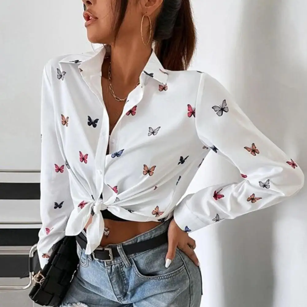 

Women Shirt Tops Chic Women's Lapel Long Sleeve Shirt Heart Butterflies Print Single Breasted Spring Autumn for Fashionable