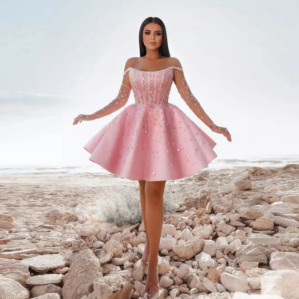 

Роскошное коктейльное мини-платье с блестками и бисером, вечерние платья с открытыми плечами и кристаллами, блестящее кружевное короткое платье для встречи выпускников