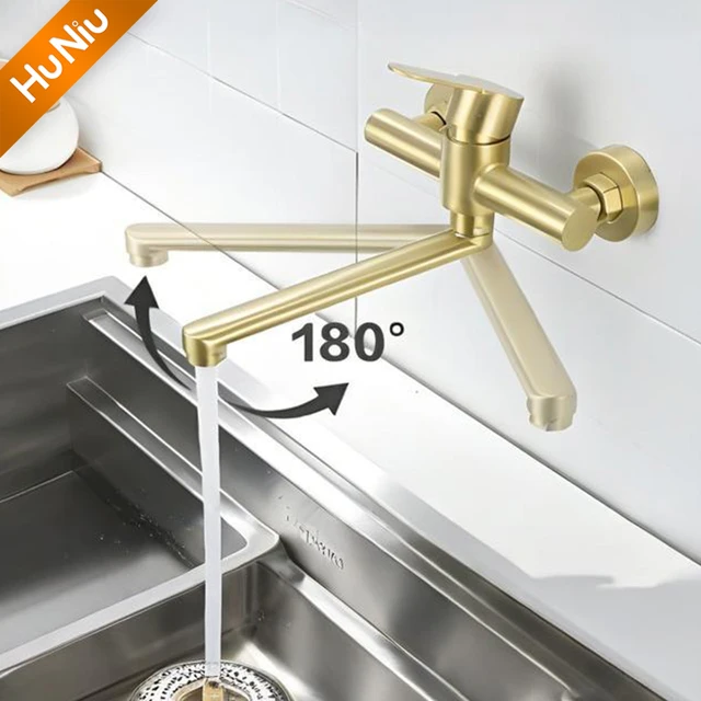 HuNiu Gold ก๊อกน้ําห้องครัวสแตนเลส 304 ก๊อกน้ําติดผนังห้องน้ําก๊อกน้ําหมุนก๊อกน้ําห้องครัวปกปิดก๊อกน้ําสีดํา 2