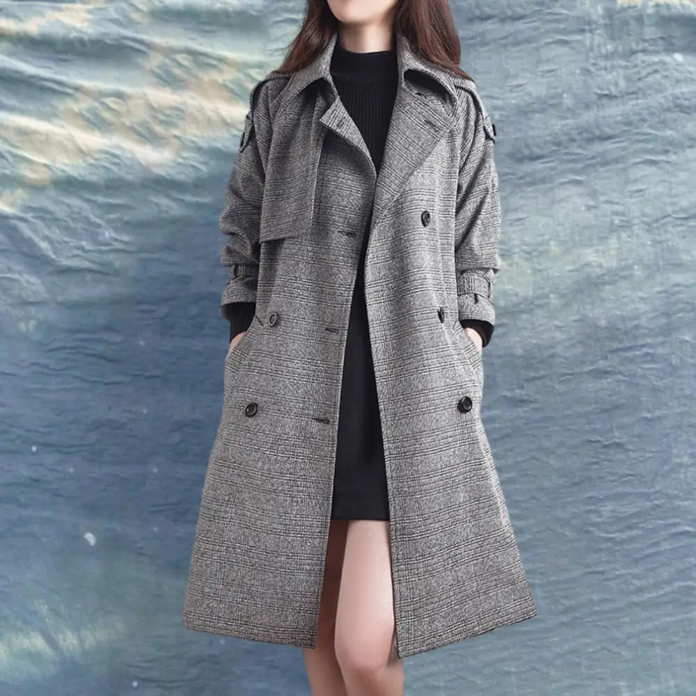

Women Coat Double-breasted Coat Lady Windbreaker Coat Stylish Plaid Print Lady Overcoat Lapel Double Breasted Women Jacket Coat