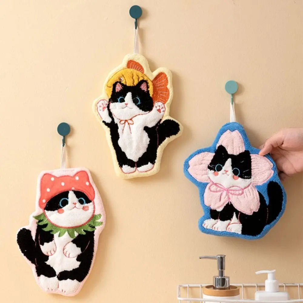 New Hanging Style Cute Cat Hand Towel Soft Coral Fleece Toilet Handkerchief Thickened Strong Water Absorption Washcloth