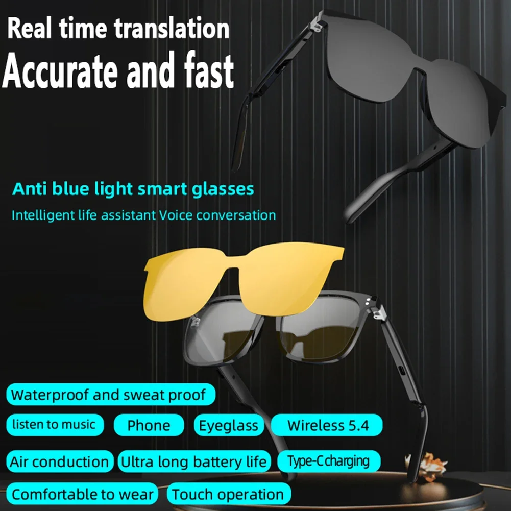 AI Smart Translate Eyeglasses BT 5.4 Call Intelligent Translator Glasses 144 Languages Audio Music Call Sunglasses for Men Women