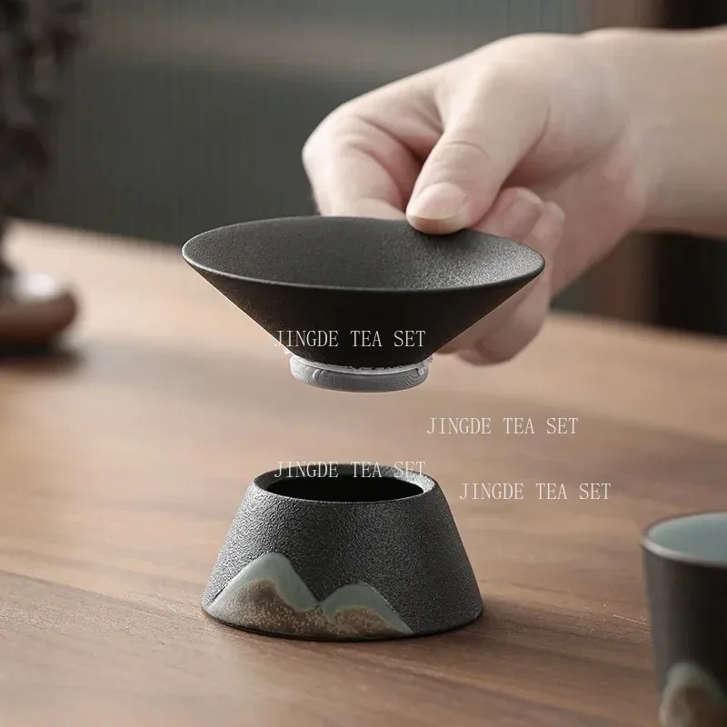 Yuanshan Tea Filter Home Hand Drawn Coarse Pottery Chinese Tea Strainer Black Pottery Kung Fu Tea Set Mesh Filter Group