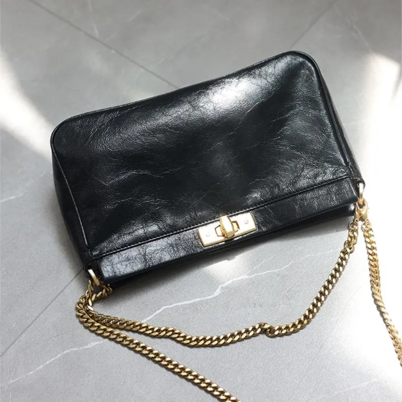 Retro Chain Minimalist Design Shoulder Bag Women Buckle Texture Leather Square Handbag Ladies Black Casual Commute Crossbody Bag