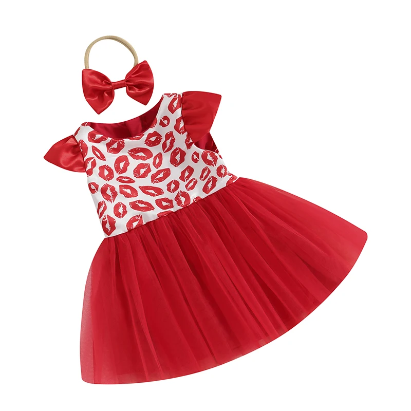 

Baby Girl Valentine’s Day Outfits Short Sleeve Lips Print Tulle Dress with Headband Set Toddler Clothes