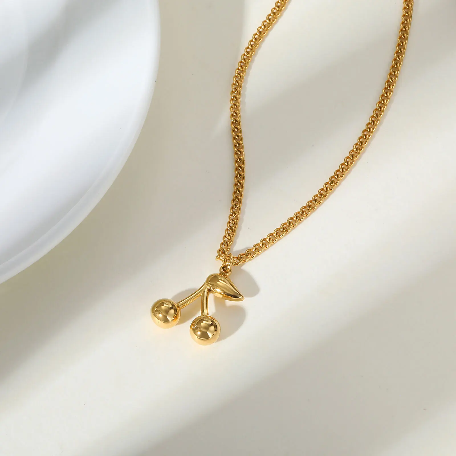 Prjewel Edelstahl Glatte Kirsche Anhänger Halskette Gold Farbe Obst Elemente Zubehör Kragen Für Frauen Mädchen Täglichen Schmuck – Detail 8
