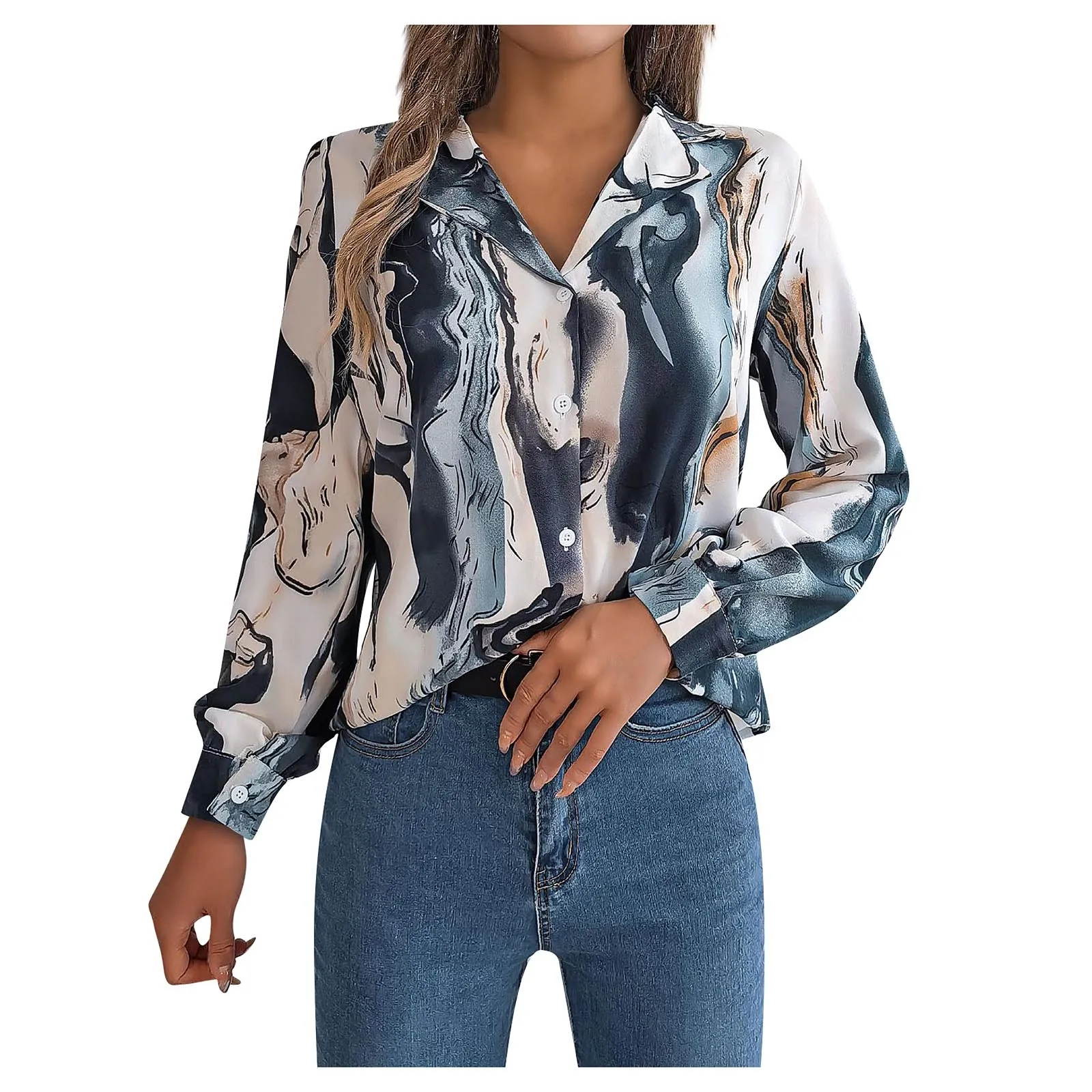 

Fashion Print Shirt Women'S Single Breasted Lapel Top Autumn Casual All-Match Contrasting Color Striped Blouse Long-Sleeve Shirt