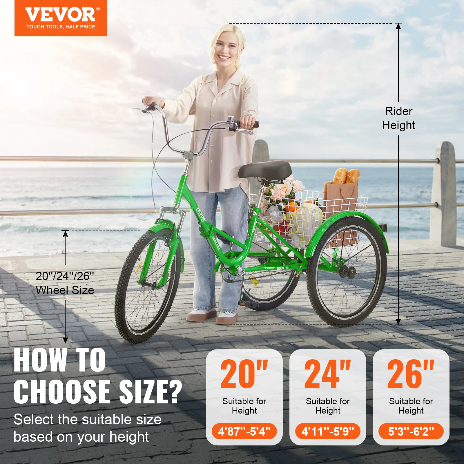 VEVOR 20/24/26-Inch Folding Adult Tricycle Carbon Steel 3 Wheel Cruiser Shopping Picnic Foldable For Women Men Seniors