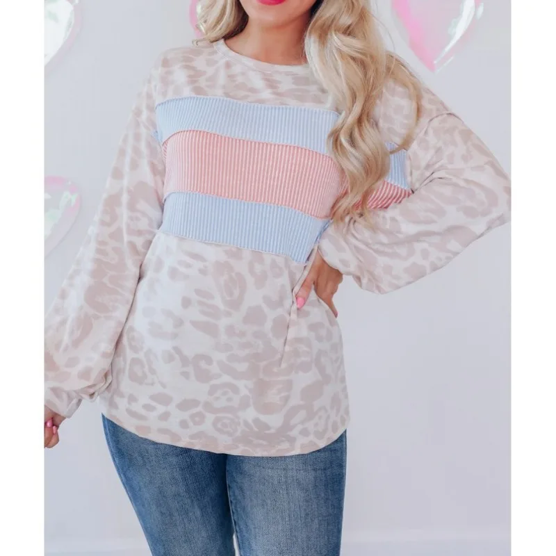Female Clothing Spring Autumn Women's New Contrast Color Sweater Casual Fashion Leopard Print Long Sleeve Round Neck Tops