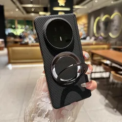 Premium Carbon Fiber Ring Stand Magnetic Protective Case with Middle Hinge for Huawei Honor Magic V5 (Black)