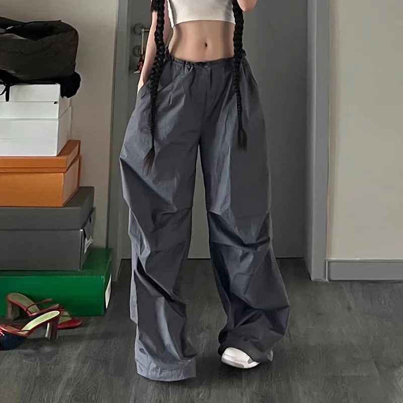 QWEEK Y2K Gray Baggy Cargo Pants Women High Waist Vintage Hip Hop Parachute Pants Harajuku Streetwear Oversized Wide Sweatpants