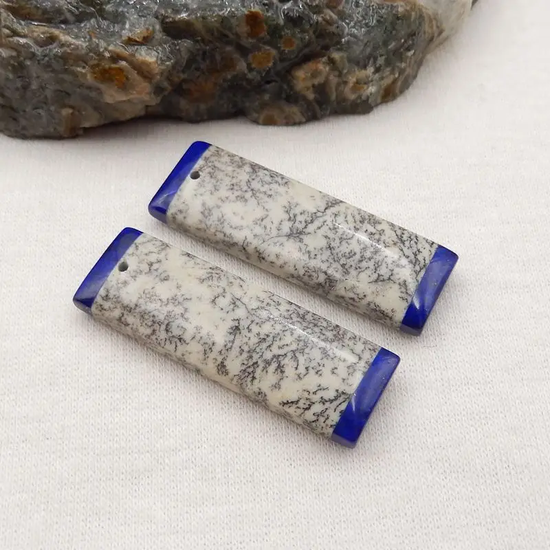 Natural Stone Sapling Jasper And Lapis Lazuli Intarsia Earrings Accessories For Women DIY Jewelry Making 35x11x5mm 9g