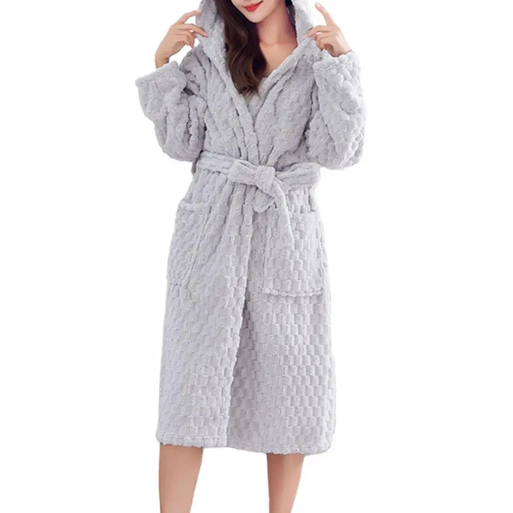 Women Winter Sleep Robe Thick Coral Fleece Water Absorbent Lace Up Cardigan Hooded Mid-aclf Length Couple Nightgown Bathrobe
