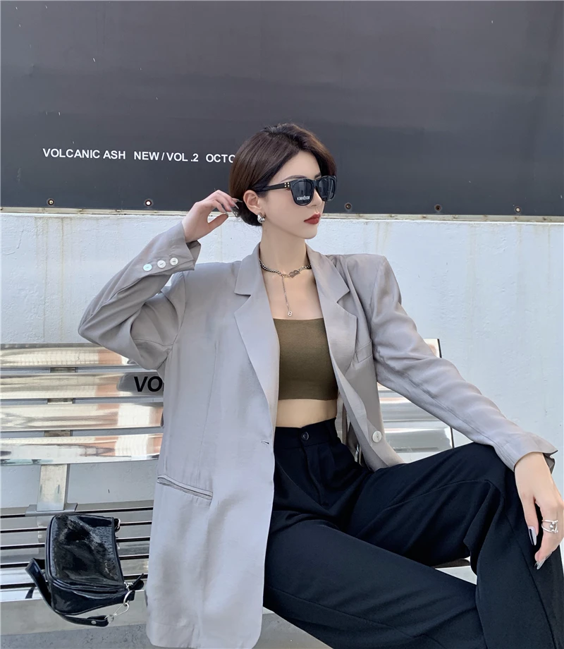 Summer Fashion Girls Blazer Long Sleeves Thin Woven Loose Coat Single Button Soft Solid Color Elegant Korean Lady Coat
