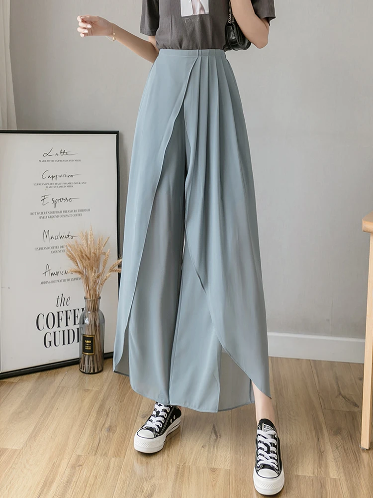 Summer Irregular Literary Double Chiffon Pants Chiffon Wide Leg Pleated Pants Designer Split Pants Women Culottes Boho Trousers vintage blue slim jeans deconstruction splicing denim pants men luxury designer streetwear jeans trousers