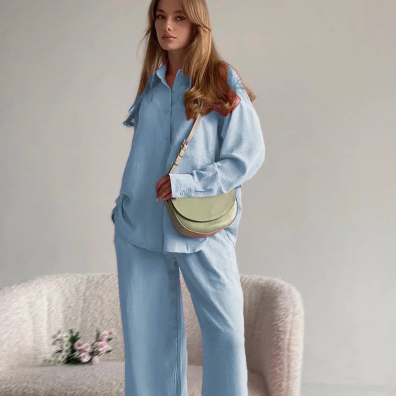 Ladies Temperament Solid Color Loose Sleeve Shirt 2024 Spring and Autumn New High-waisted Commuter Casual Pants Casual Suit