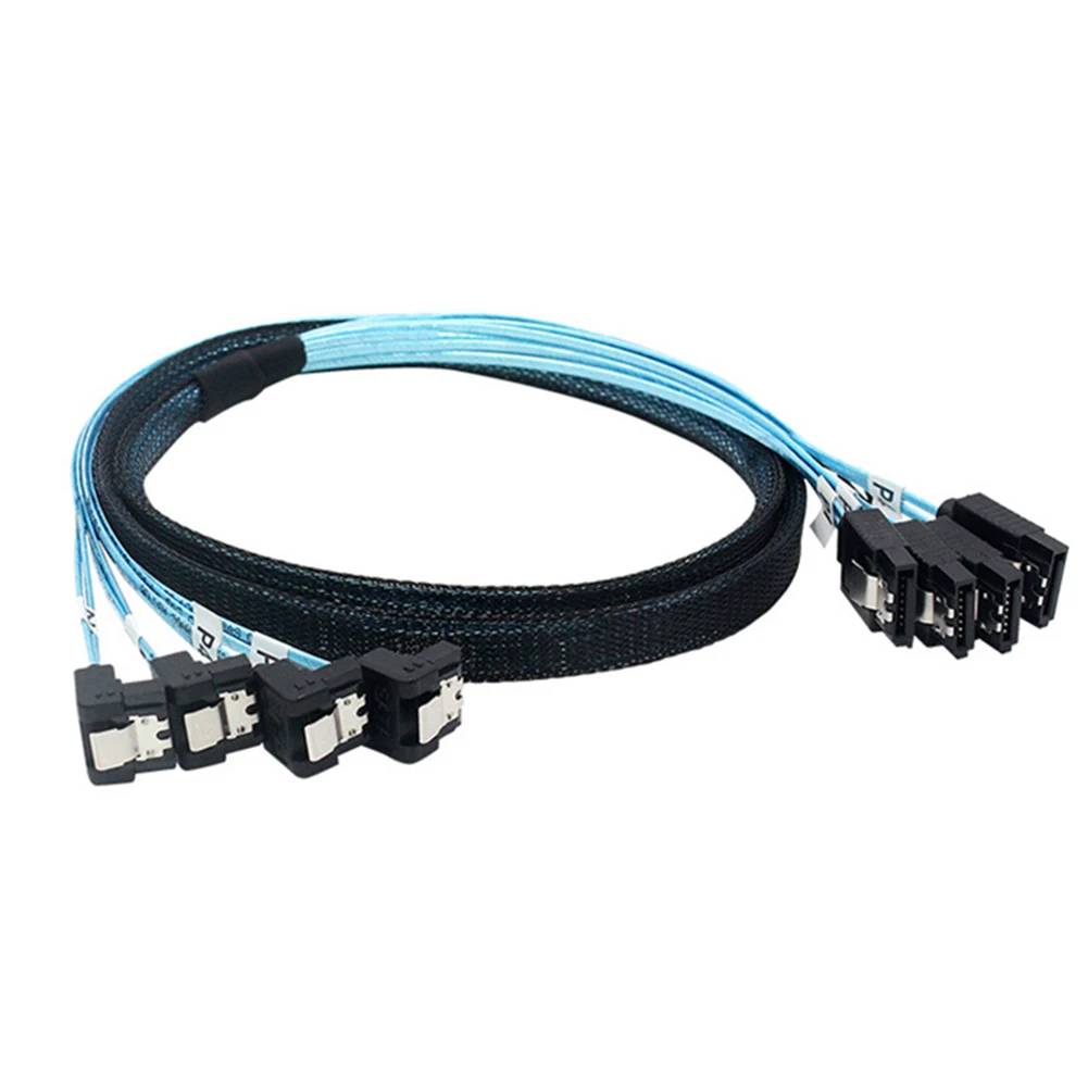 90° SATA 3.0 Mini SAS Cable - 6Gbps, 4 SATA to 4 SATA Male to Male, 7 Pin SSD Hard Disk Drive Data Cable Description Image.