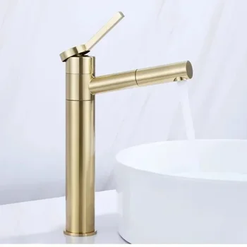 ก๊อกน้ำอ่างล้างหน้าแบบดึงออกได้ ทองเหลือง หัวก๊อกเดี่ยว สีทอง ผสมน้ำร้อนน้ำเย็น 1