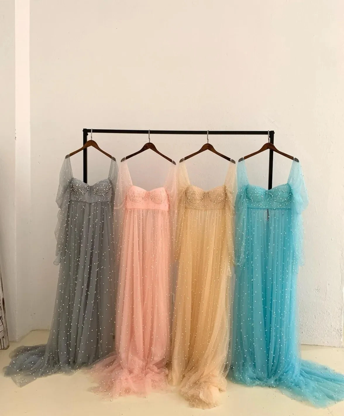 18049# Luxurious Pearl Tulle Maternity Dress for Photoshoot Wedding Guest Open Front Detachable Sleeves Pregnant Women Dresses