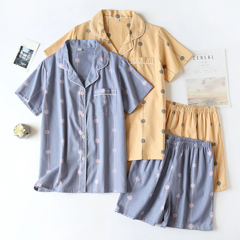 

Women Pajamas Short Sleeve Cardigan Thin Shorts Two-piece Pijamas Cotton Print Cool Home Service Suit Two Piece Set Summer