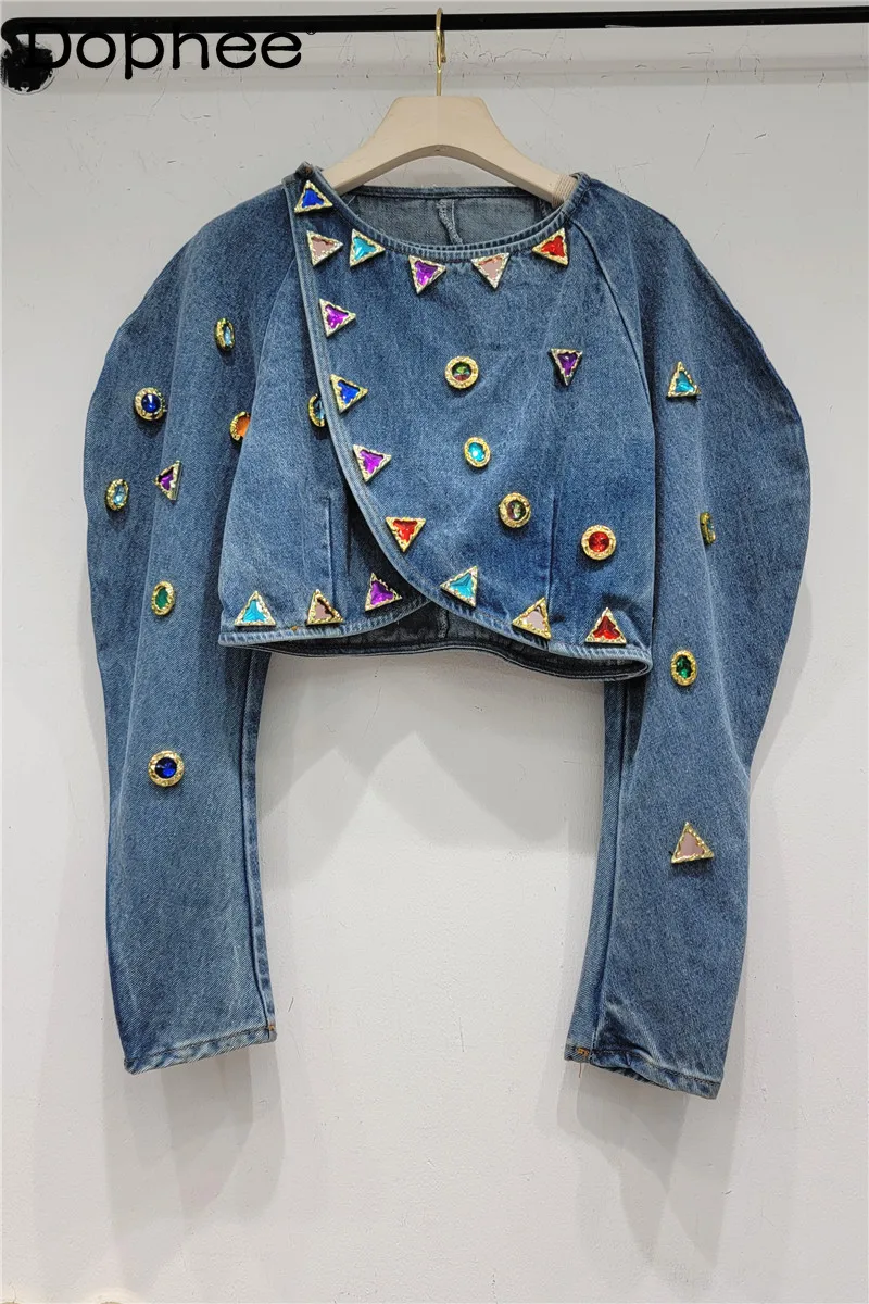 

Heavy Industry Color Rhinestone Metal Lantern Sleeve O-neck High Waist Denim Jacket Women Jean Coat Trendy 2023 Fall New Clothes