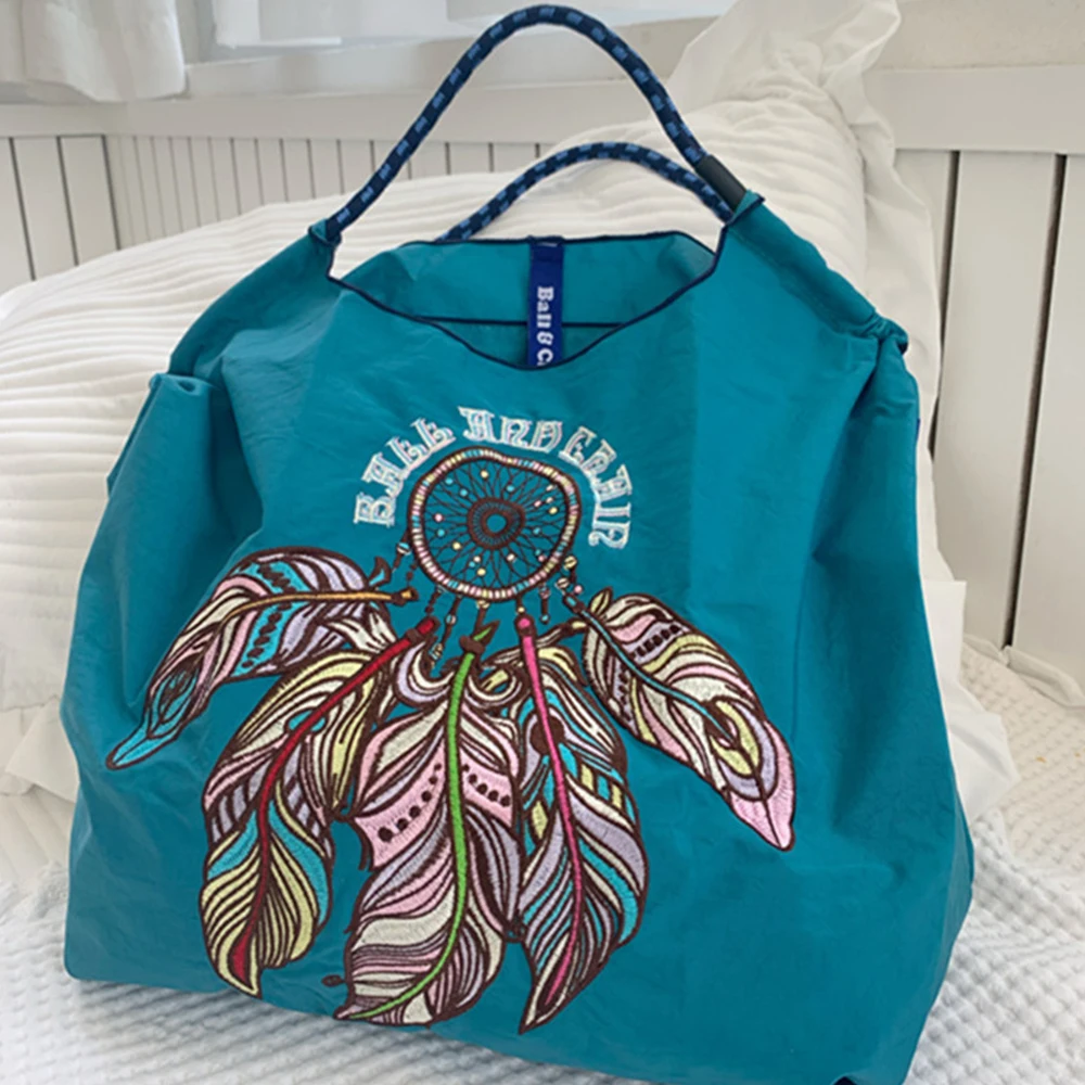 

Feather Nylon Tote Dream Catcher Eco Bags for Women Handbags Large Embroidery Shoulder Bag Rope Handle Shopper Purses Ball Hobo