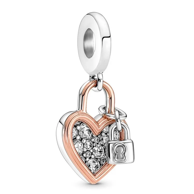 

Authentic 925 Sterling Silver Heart Padlock Double Dangle With Crystal Charm Bead Fit Pandora Bracelet & Necklace Jewelry