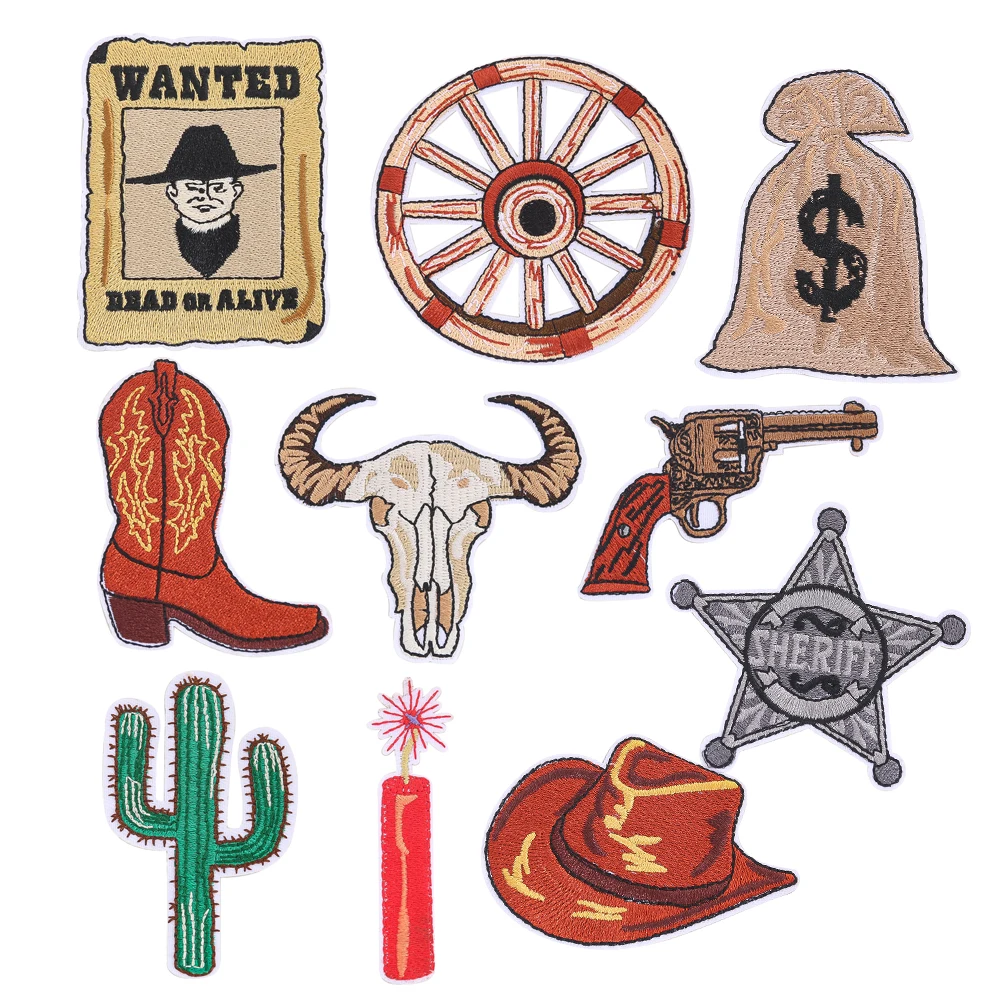 10 stücke Western Cowboy kreative Cartoon Stickerei Patches Kleider taschen Dekor Aufkleber DIY Bekleidung Zubehör Näh zubehör – Detail 1