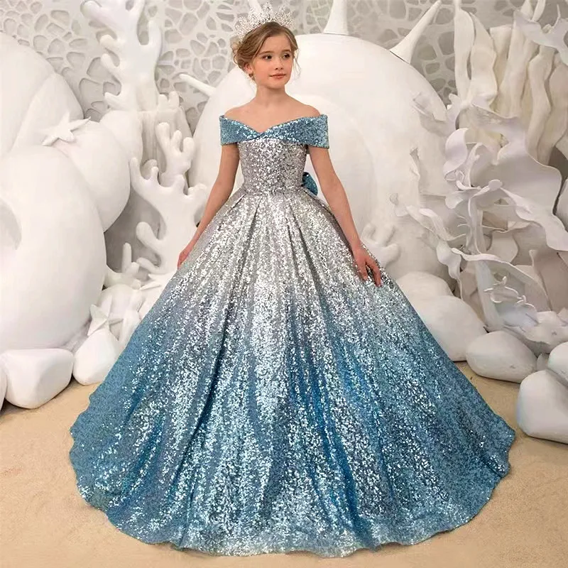 

High-end Kids Prom Dresses Girls Elegant Sequins Ball Gowns with Bow Teenagers Evening Party formal Dress Girl Dresses