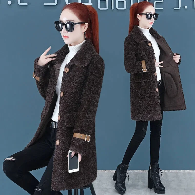 2023 New Women Lamb Wool Coat Spring Autumn Fur Integration Coat Middle aged Woman Mid-length Fur Overcoat Winter Jacket Femme