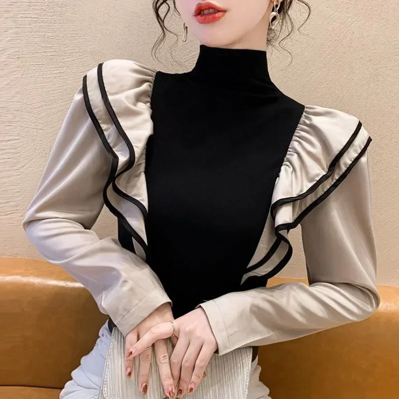 

Stylish Turtleneck Spliced Folds Ruffles Blouse Female Clothing 2023 Autumn New Casual Pullovers All-match Office Lady Shirt