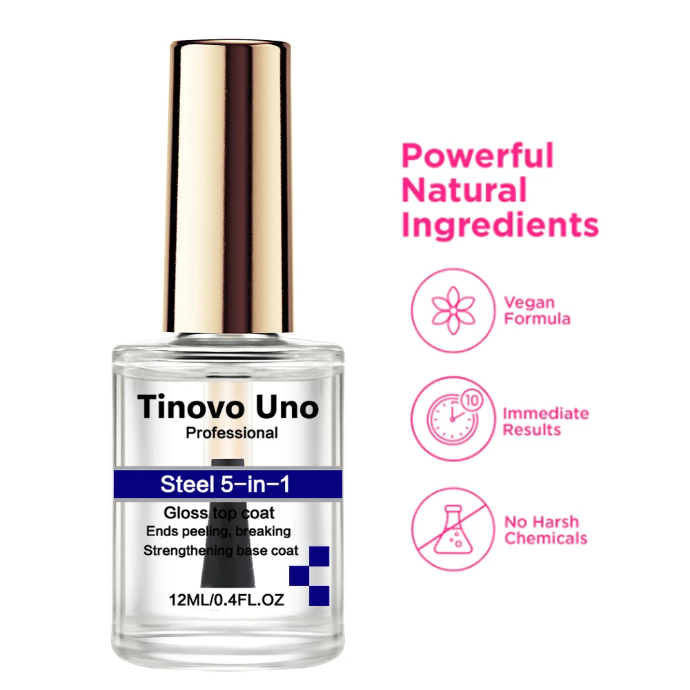Tinovo Uno Nail Hardener Steel 5 IN 1 Gloss Top Coat Finish Natural Dry 12ML Nail Strengthening Treatment Stronger Nails Finish 3