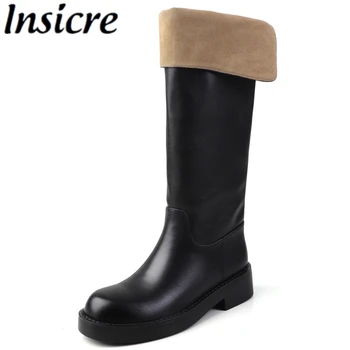 Insicre 2025 Fashion Women's Mid Calf Boots Round Toe Thick Heels Laminated Split Leather Handmade Winter Shoes