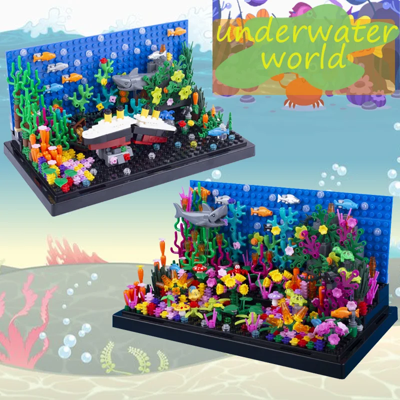 Moc City Mondo Subacqueo Building Blocks Squalo Alghe Octopod Pesce Mini Parti Di Animali Scatola Di Visualizzazione Creativa Modello Regali Per Bambi