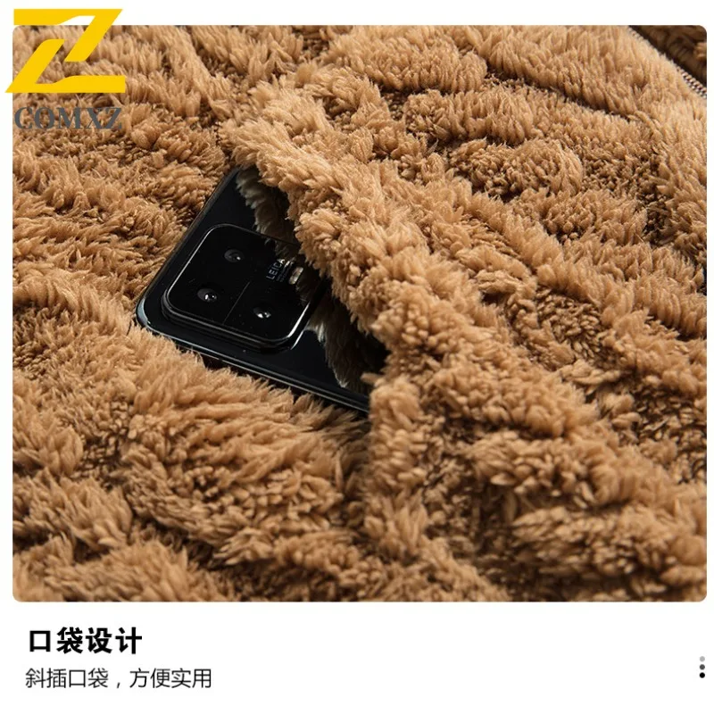COMXZ 2025 Men Hooded Fleece Jacket Autumn Winter Sherpa-Lined Cotton Coat Zip-Up Korean Trendy Stylish Outerwear Daily Wear​