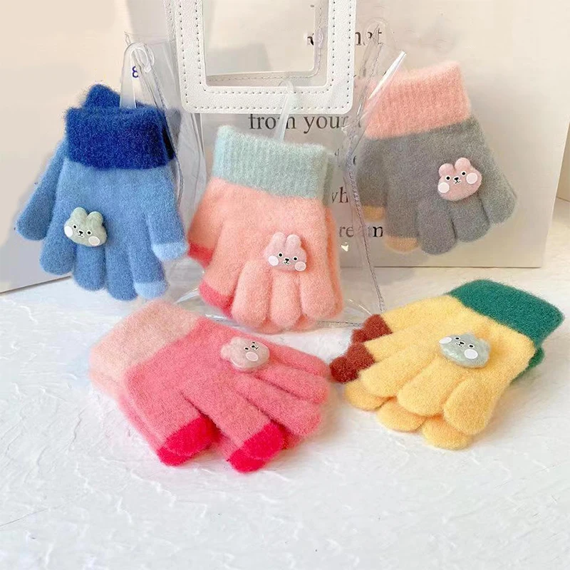Autumn And Winter Baby Cute Rabbit Color Matching Five-finger Gloves Children's Cute Outdoor Warm Gloves Children's Mittens
