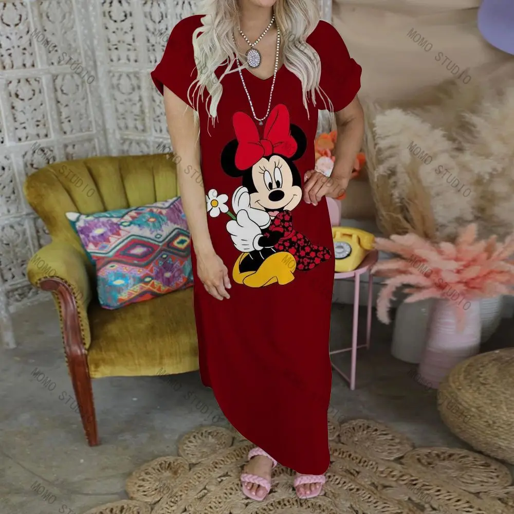 

Elegant Casual Women's Dresses for Women 2022 Print Split Skirt V-Neck Fashion Maxi Dress Minnie Mouse Robe Mickey Disney Party