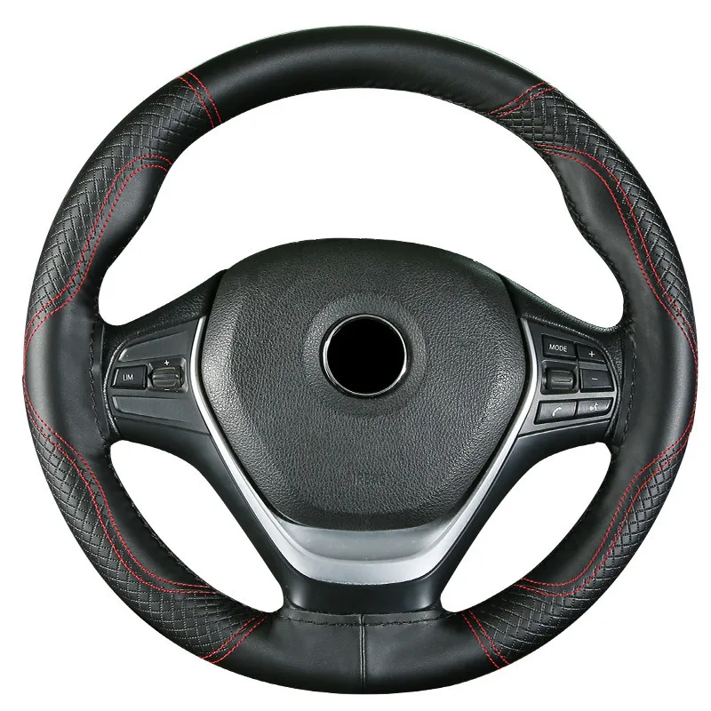 Steering Wheel Cover 38cm Top Layer Cowhide Soft Genuine Leather Braid Steering Wheel Cover Double Line Hand-stitched