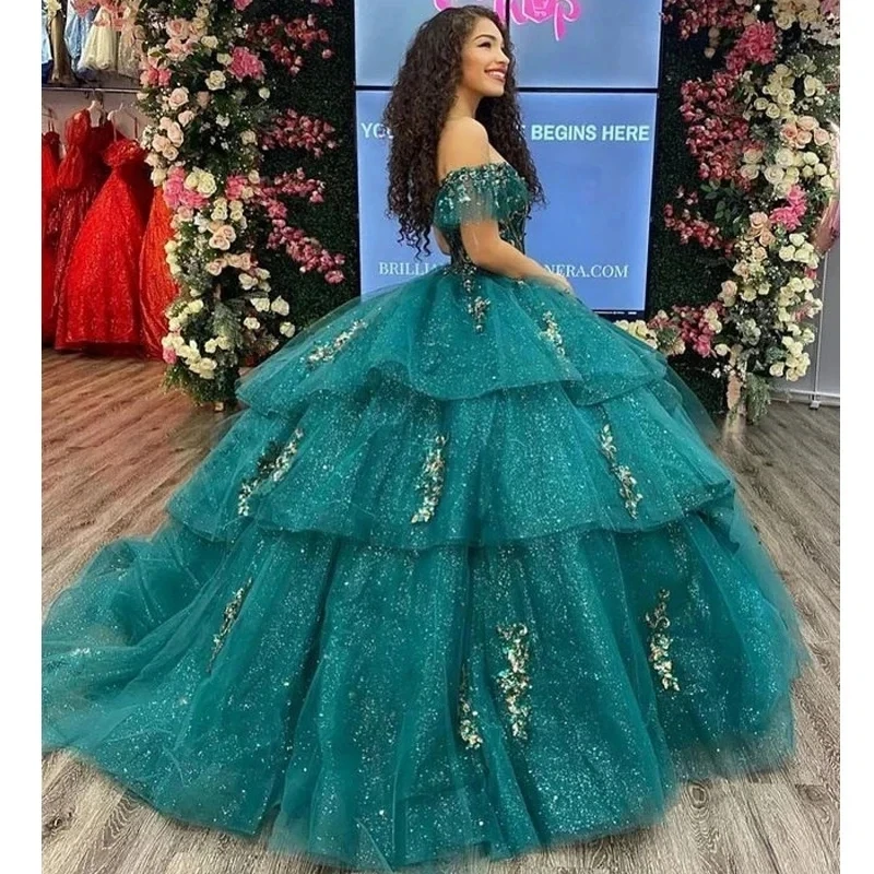 ANGELSBRIDEP Glitter Emerald Green Princess Quinceanera Dress Off Shoulder Appliques Mexiacan Birthday Party Vestidos De 15 Anos