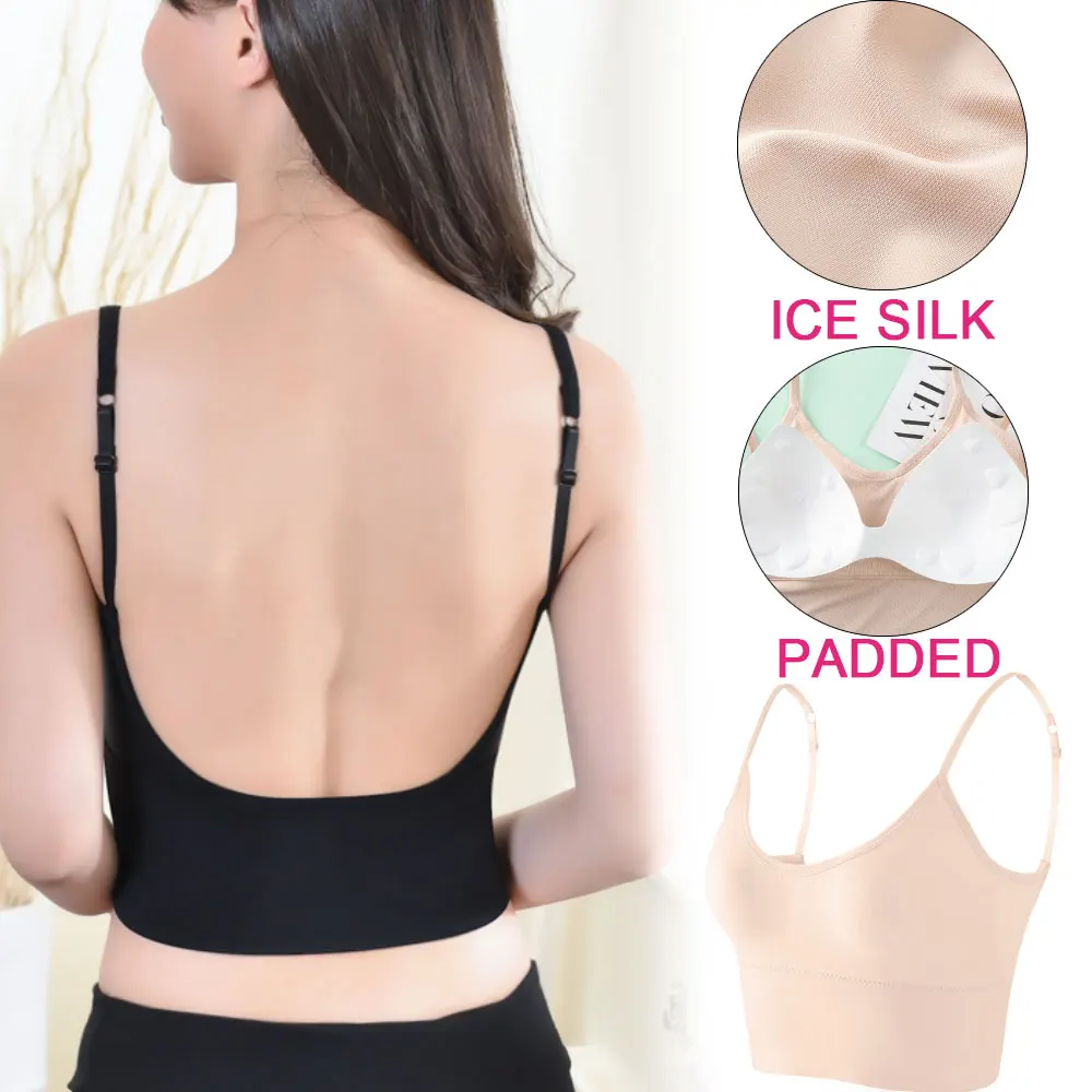 Women Bra Ice Silk Backless Open Back Tank Top Seamless Bralette U Type Low Back Bras Push Up Wirefree Underwear Sexy Sports
