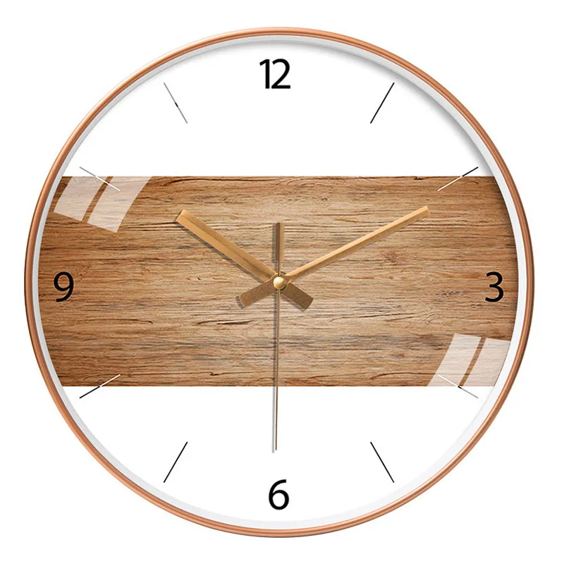 Wood Grain Simple Black Punch-free Wall Clock Golden Mute Cartoon Glass Clock Color:136J;Sheet Size:14 inch (35cm)